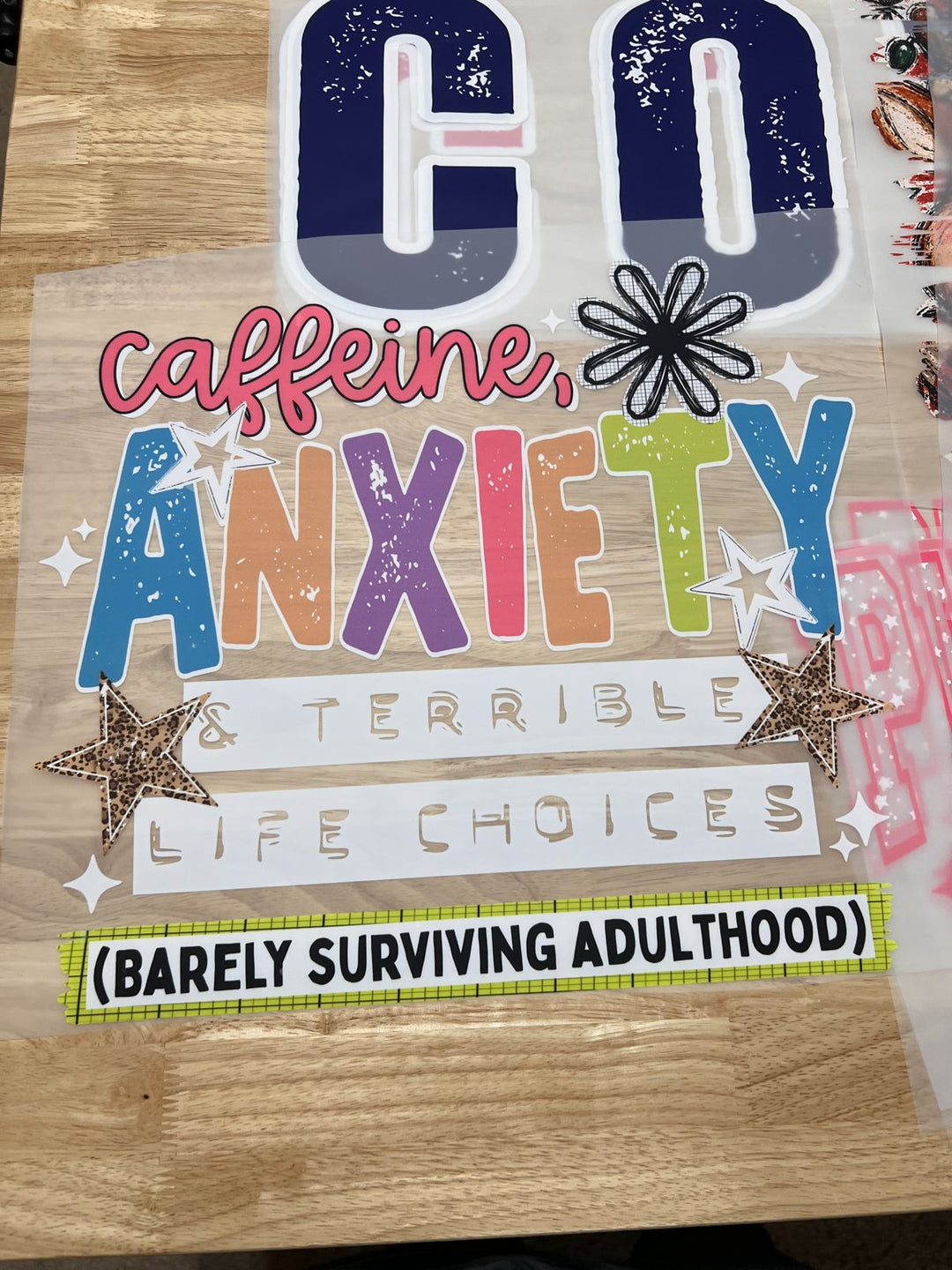 Pick Your Print – Caffeine, Anxiety & Terrible Life Choices – Oversized DTF transfer