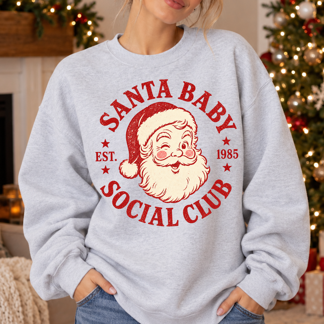 Santa Baby Social Club retro Christmas DTF transfer mockup on a gray sweatshirt