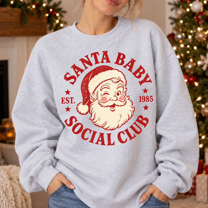 Santa Baby Social Club retro Christmas DTF transfer mockup on a gray sweatshirt