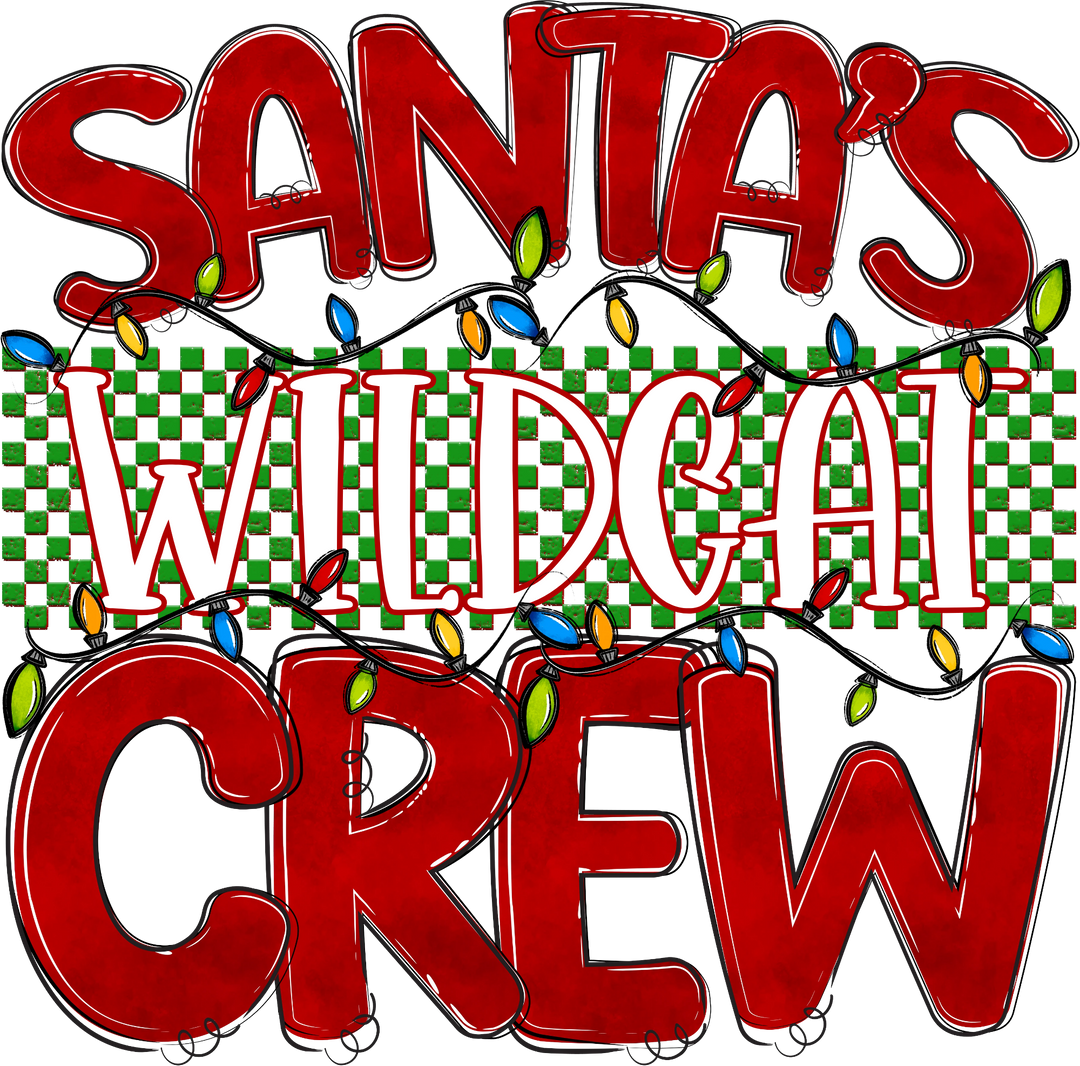 Santa's Crew Mascot customizable DTF transfer design with WILDCAT on the green check band