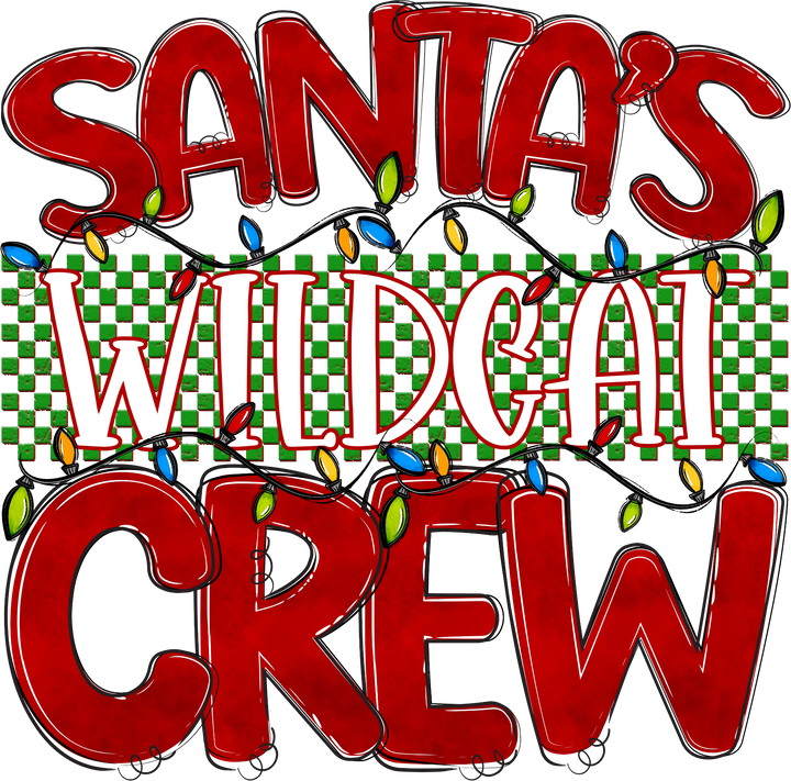 Santa's Crew Mascot customizable DTF transfer design with WILDCAT on the green check band