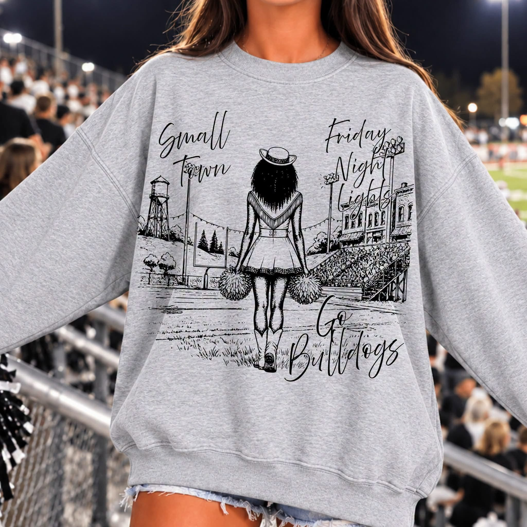 Small Town Friday Night Lights Cheer Dark Hair customizable DTF transfer