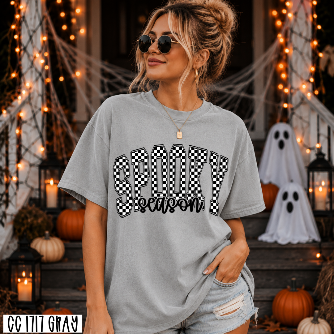 Spooky Season checkered design on a gray Comfort Colors tee