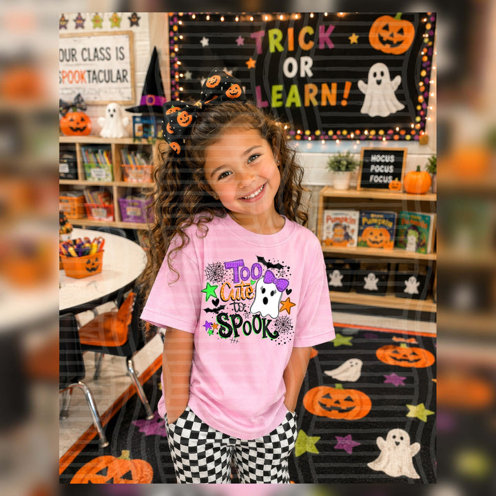 Too Cute To Spook – DTF Transfer pressed on a tee