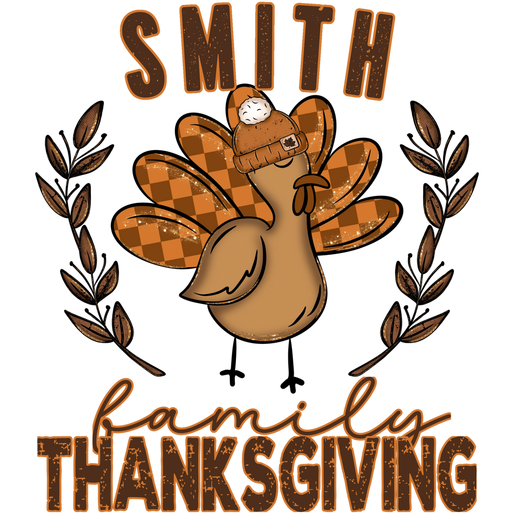 Turkey Family Thanksgiving customizable DTF transfer design with turkey in a beanie hat
