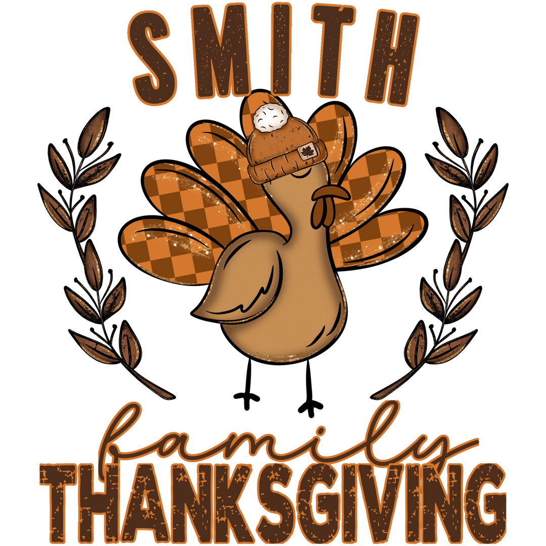 Turkey Family Thanksgiving customizable DTF transfer design with turkey in a beanie hat