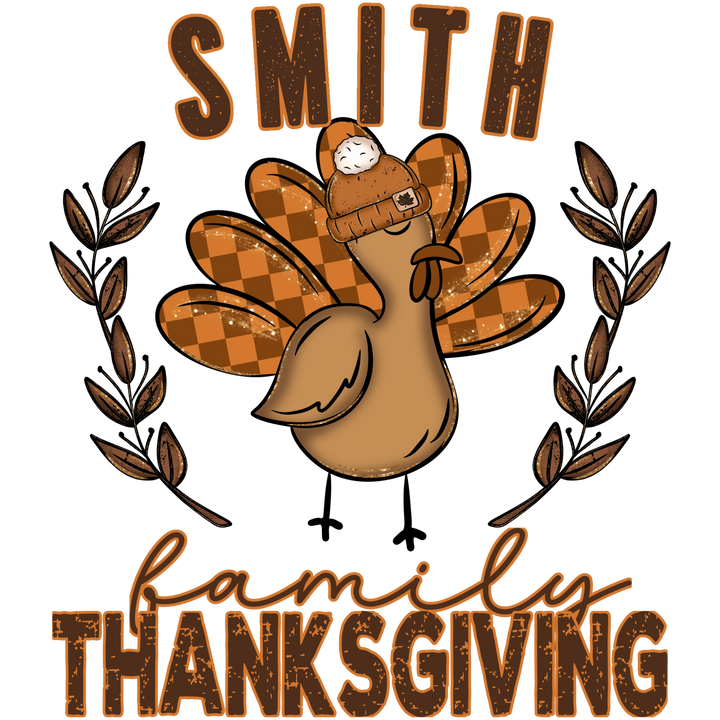 Turkey Family Thanksgiving customizable DTF transfer design with turkey in a beanie hat