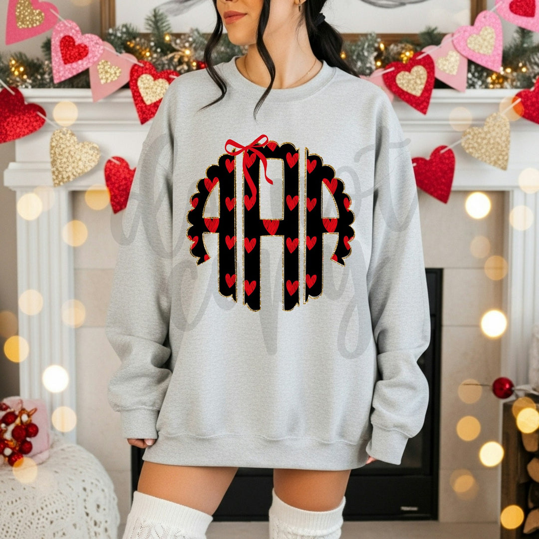Valentine's Hearts Gold Outline Monogram customizable DTF transfer mockup