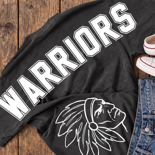 Warriors arched mascot name and mascot face across the back DTF transfer on a tee