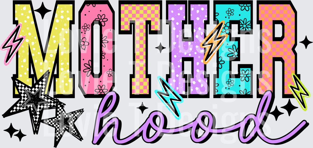 Motherhood Varsity and Cursive Mother's Day DTF transfer design