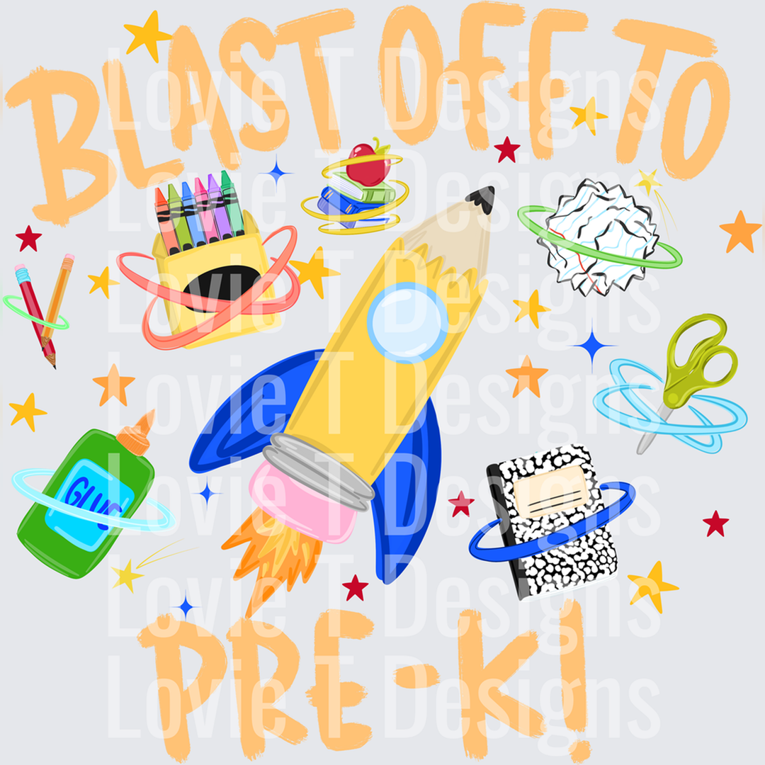 Blast Off to Pre-K Pencil Rocket School Supplies Space Blue – DTF Transfer – product image