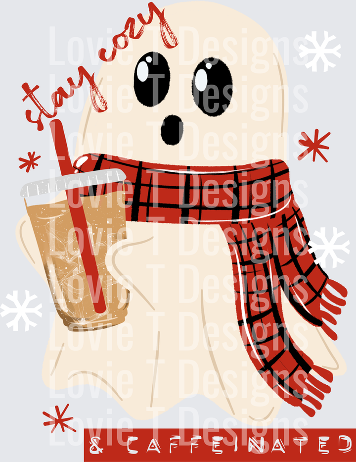 Stay Cozy & Caffeinated Winter Ghost DTF transfer design
