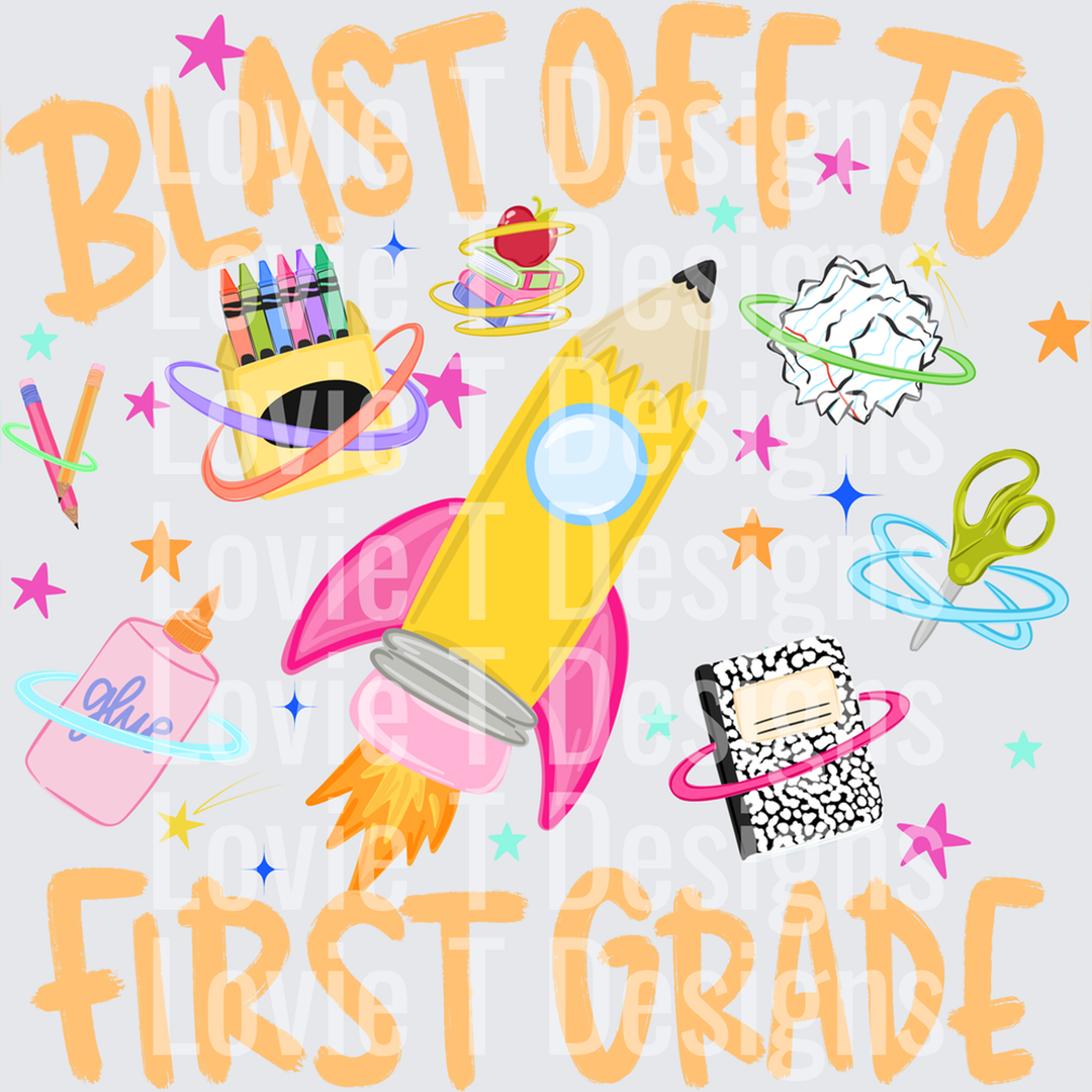 Blast Off to First Grade Pencil Rocket School Supplies Pink – DTF Transfer – product image