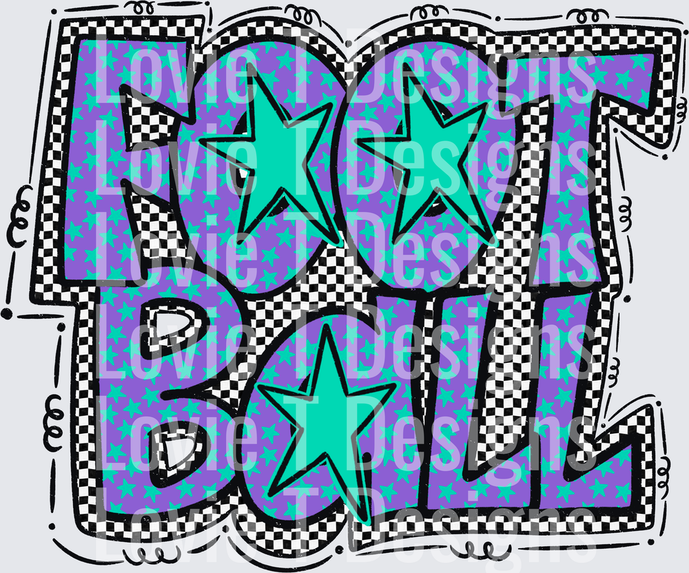 Preppy Star Football Retro Groovy Bold Graffiti Letter Word Art Purple Teal Stars Checkered Border