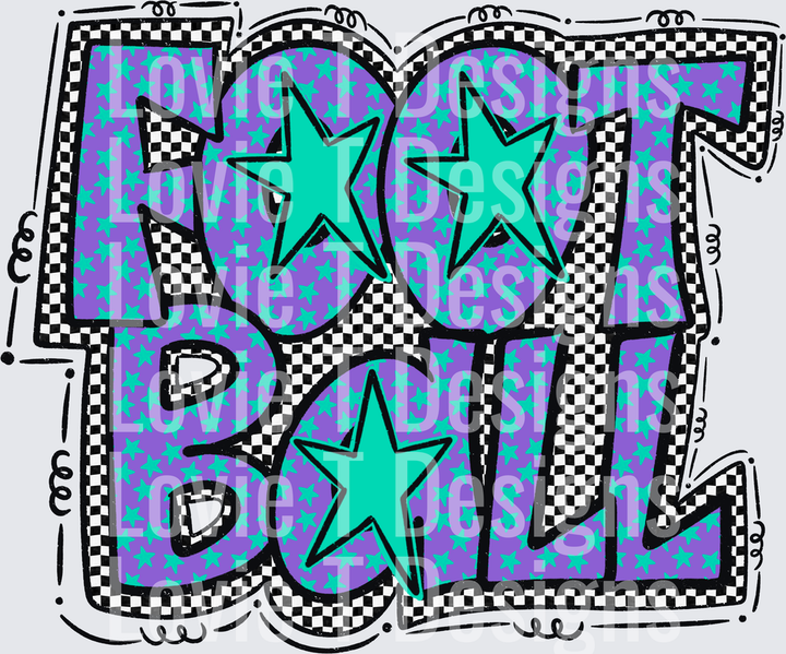 Preppy Star Football Retro Groovy Bold Graffiti Letter Word Art Purple Teal Stars Checkered Border football DTF transfer design
