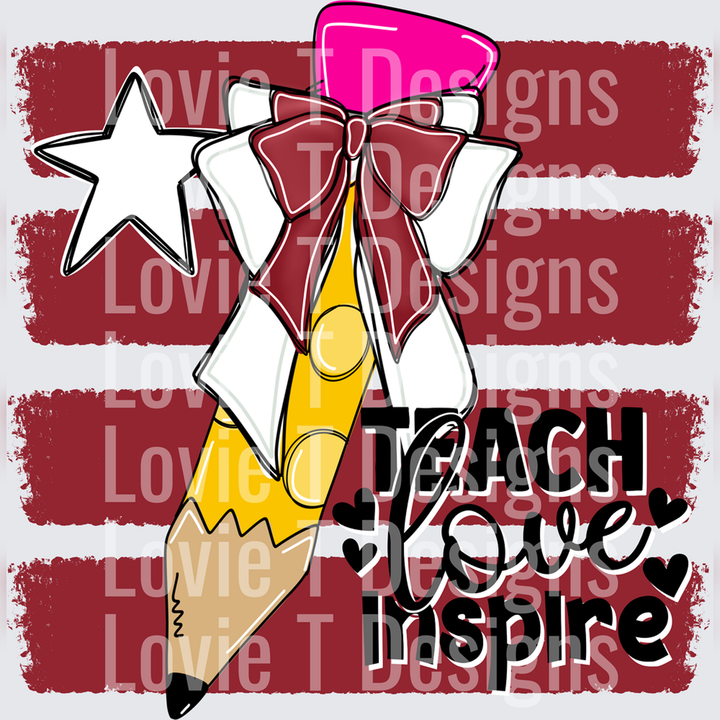 Teach Love Inspire Pencil Bow Star Maroon Stripe Teacher Design – DTF Transfer