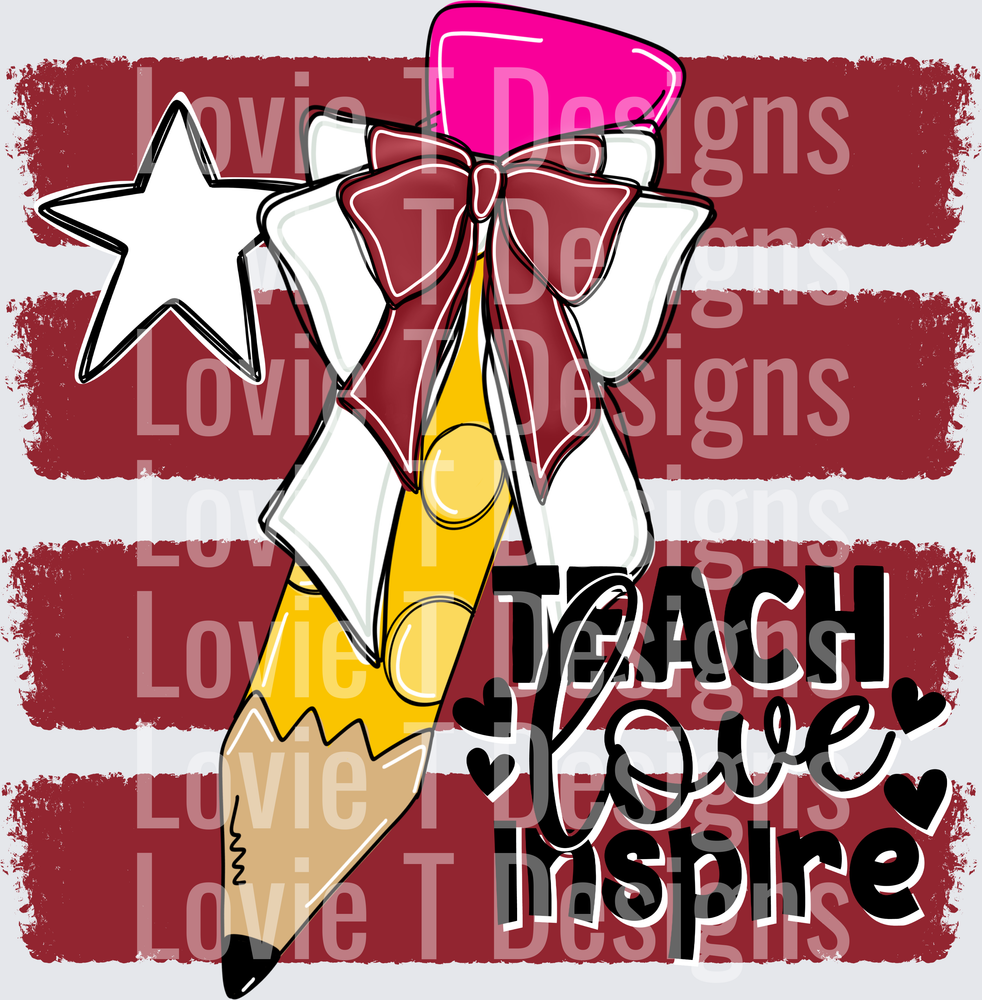 Teach Love Inspire Pencil Bow Star Maroon Stripe Teacher Design