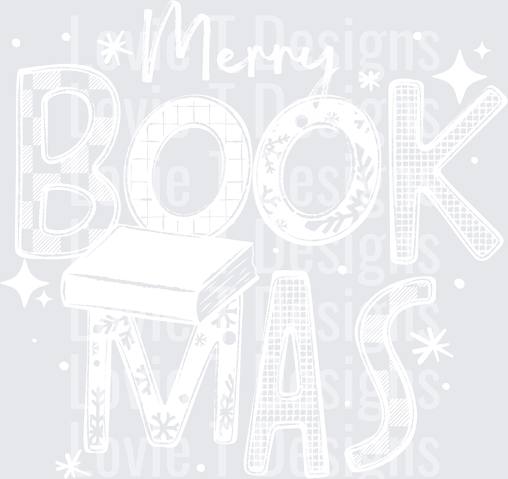 Merry Bookmas Patterned Letters (White) DTF transfer design