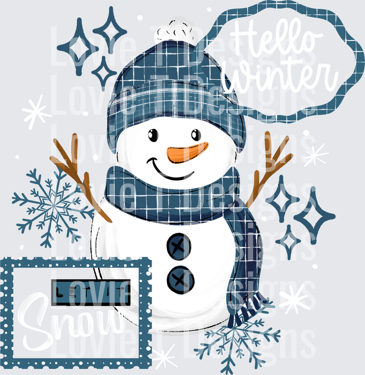 Hello Winter Blue Snowman DTF transfer design