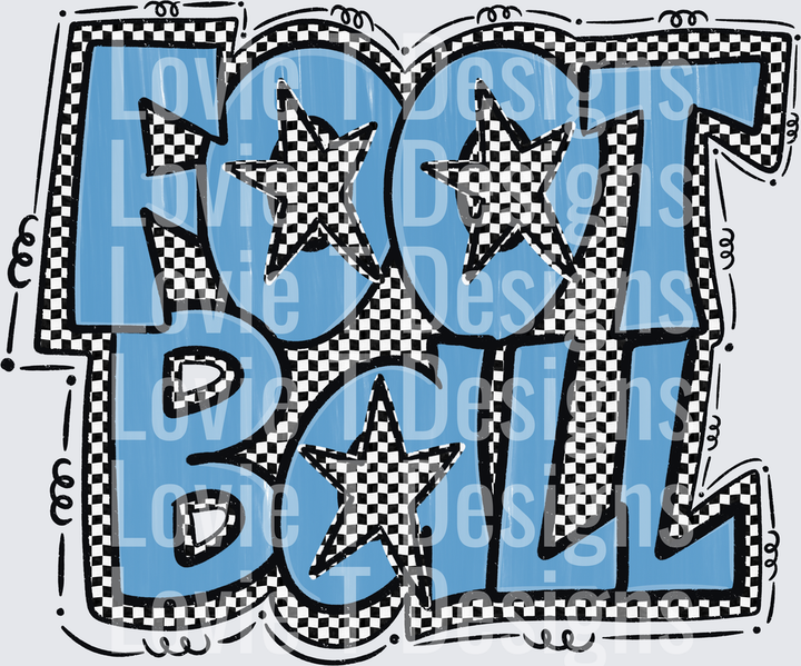Preppy Star Football Blue Graffiti Bold Block Letter Checkered Stars Whimsical Hand Drawn football DTF transfer design