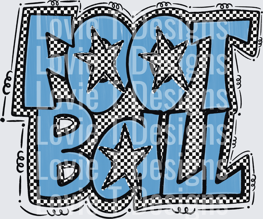 Preppy Star Football Blue Graffiti Bold Block Letter Checkered Stars Whimsical Hand Drawn