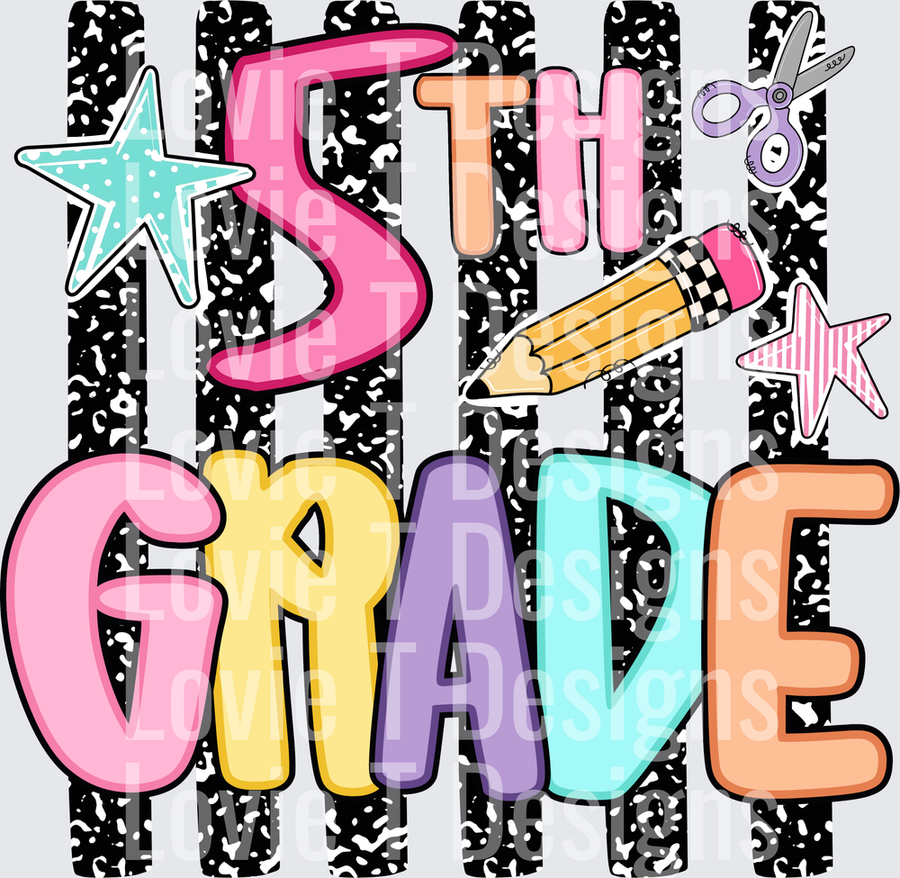 5th Grade Colorful Bold Letters Stars Pencil Scissors