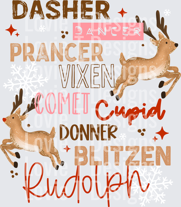 REINDEER NAMES Christmas DTF transfer design