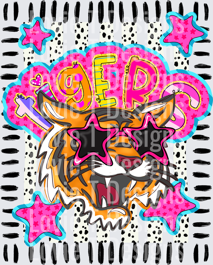 Doodle Star Sunglasses Tiger mascot DTF transfer design