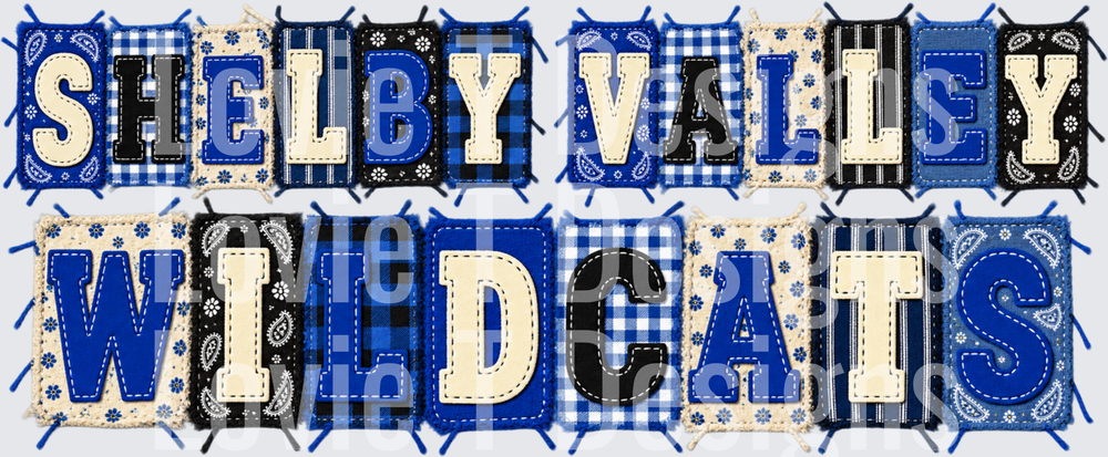 Shelby Valley Wildcats - Royal Blue Black and Cream Patchwork Varsity Lettering