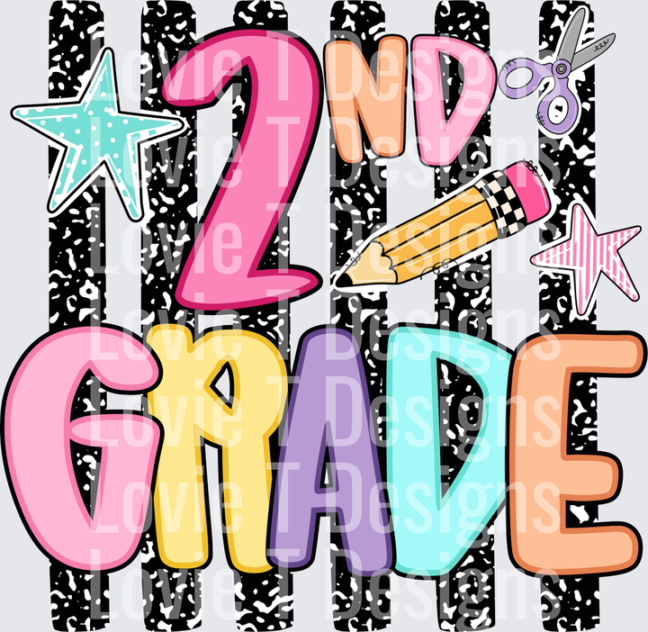 2ND GRADE COLORFUL BOLD TEXT STARS PENCIL SCISSORS BACK TO SCHOOL back-to-school DTF transfer design