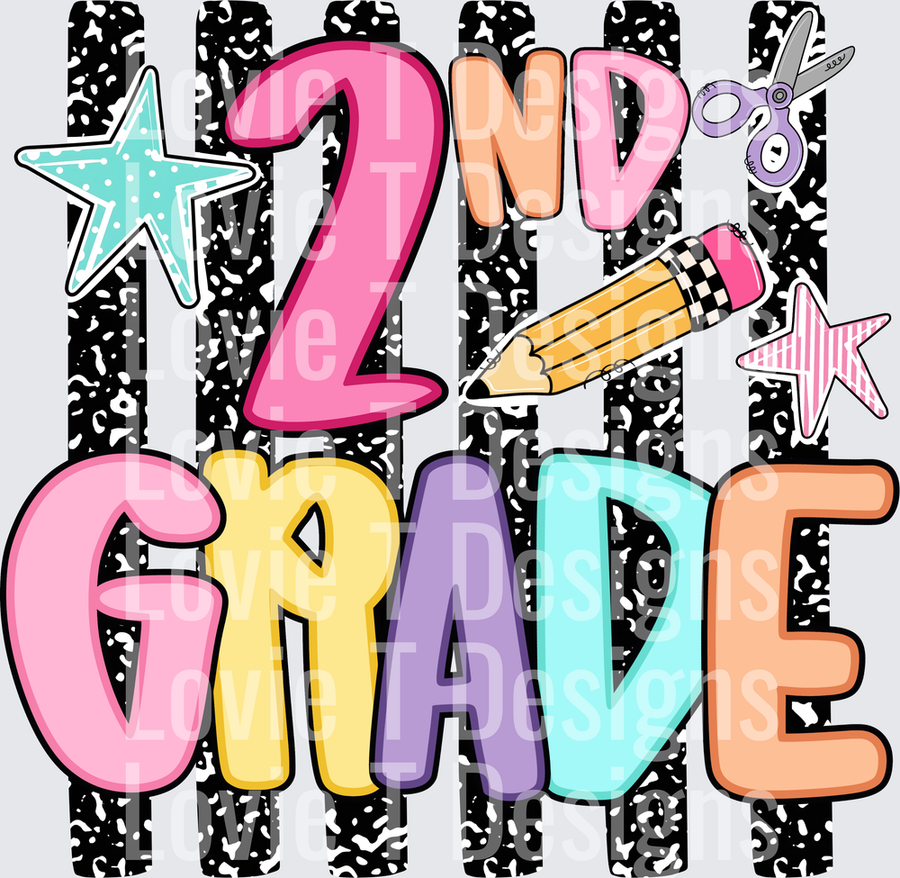 2nd Grade Colorful Bold Text Stars Pencil Scissors Back to School
