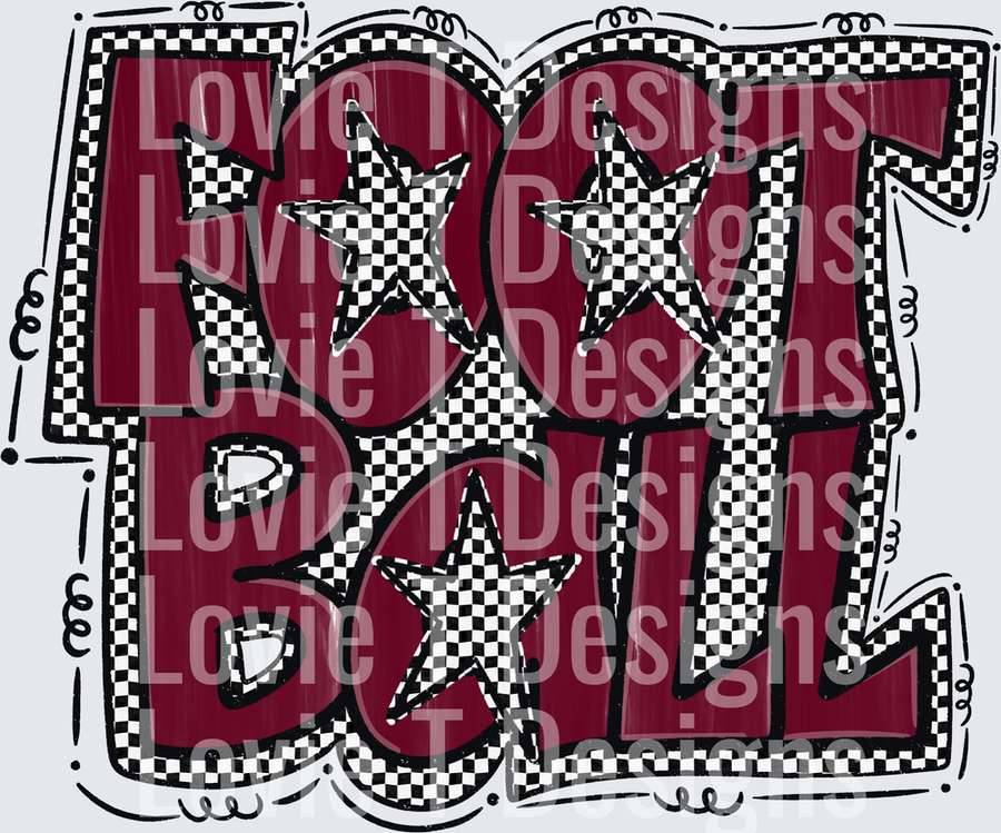 Preppy Star Football Maroon Bold Checkered Lettering with Stars Retro Doodle Border