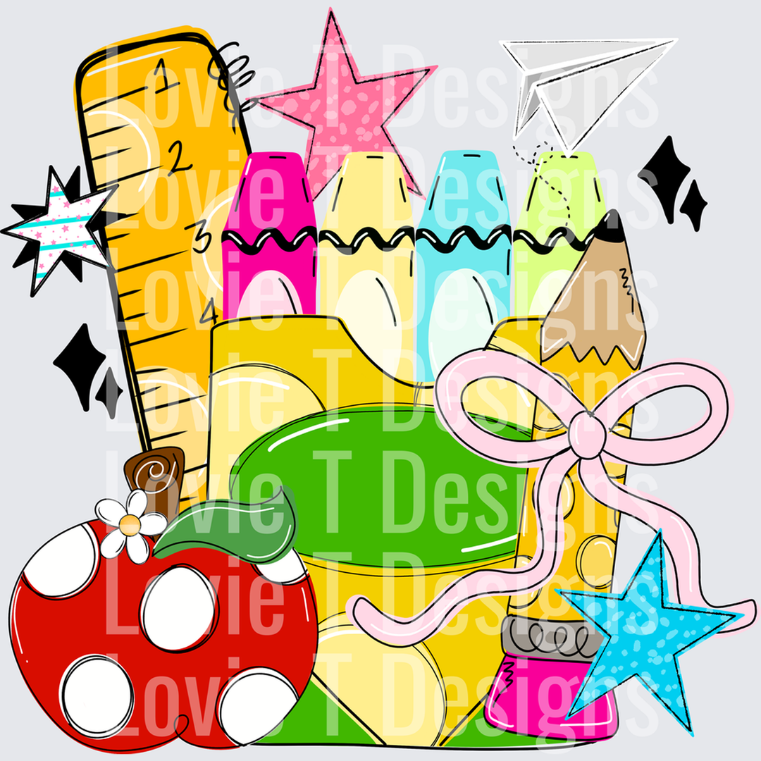 Colorful Back to School Supplies Cluster with Crayons Ruler Apple Pencil and Bow – DTF Transfer – product image