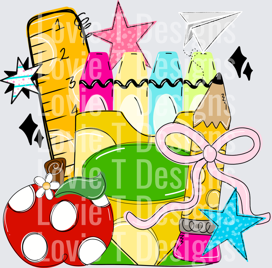 Colorful Back to School Supplies Cluster with Crayons Ruler Apple Pencil and Bow