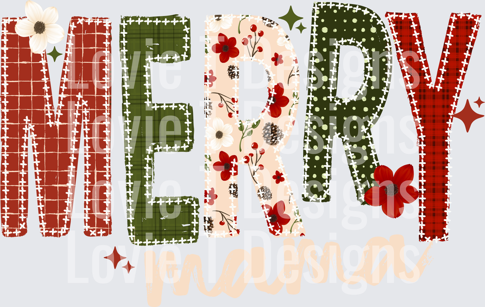 Merry Mama Red & Green Patchwork DTF transfer design