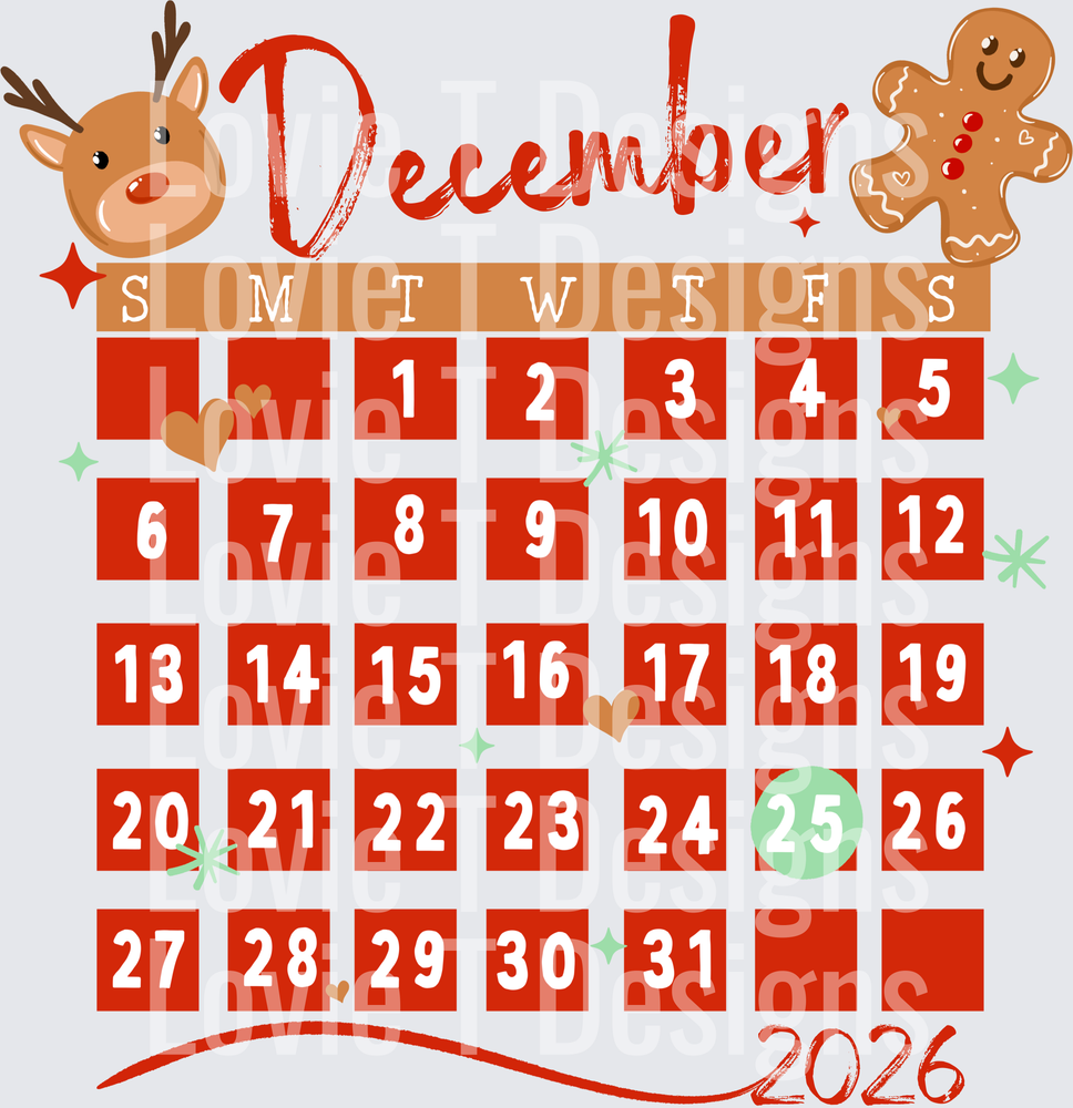 December Calendar 2026 DTF transfer design