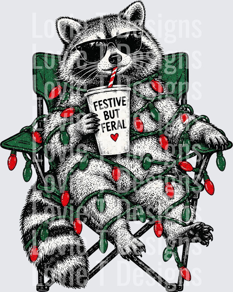 Festive But Feral Raccoon DTF transfer design