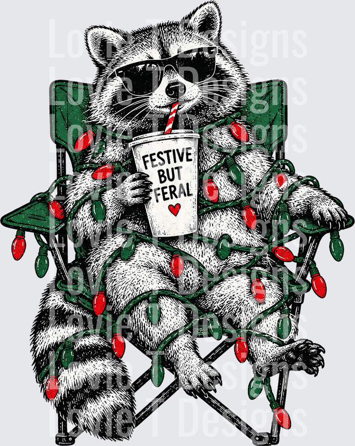 Festive But Feral Raccoon DTF transfer design