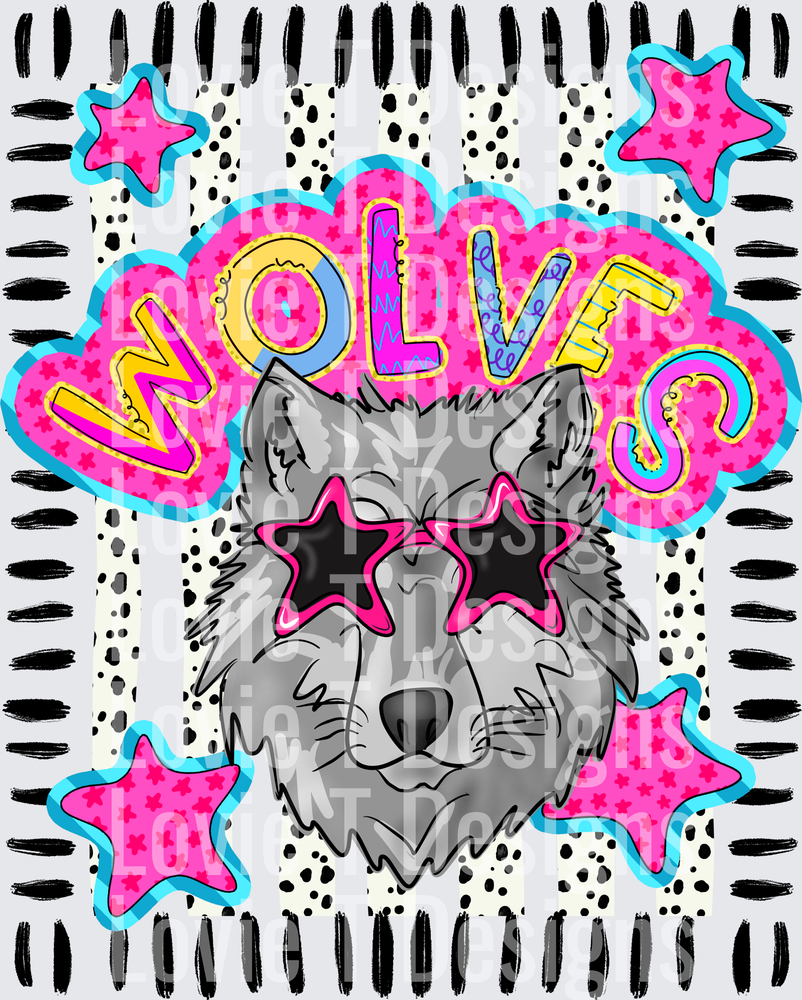 Doodle Star Sunglasses Wolf mascot DTF transfer design