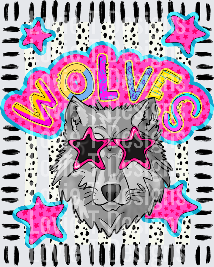 Doodle Star Sunglasses Wolf mascot DTF transfer design