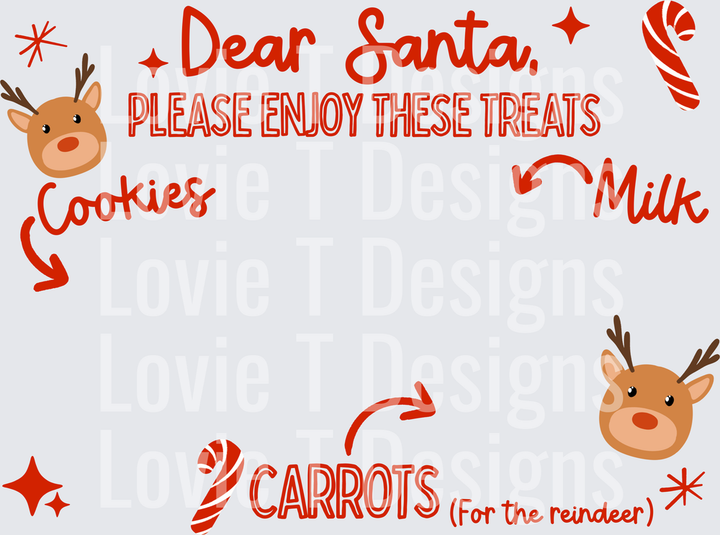 Dear Santa Please Enjoy These Treats placemat transfer design, red text, with cookies, milk and carrots for the reindeer