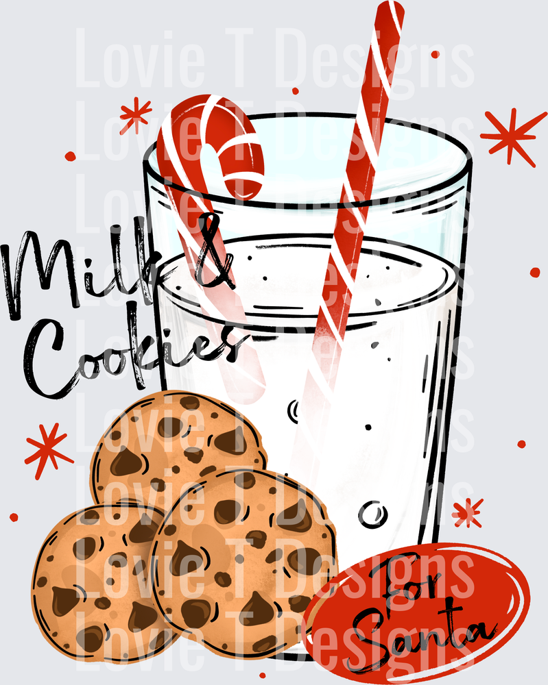 Milk & Cookies Candy Cane Glass DTF transfer design
