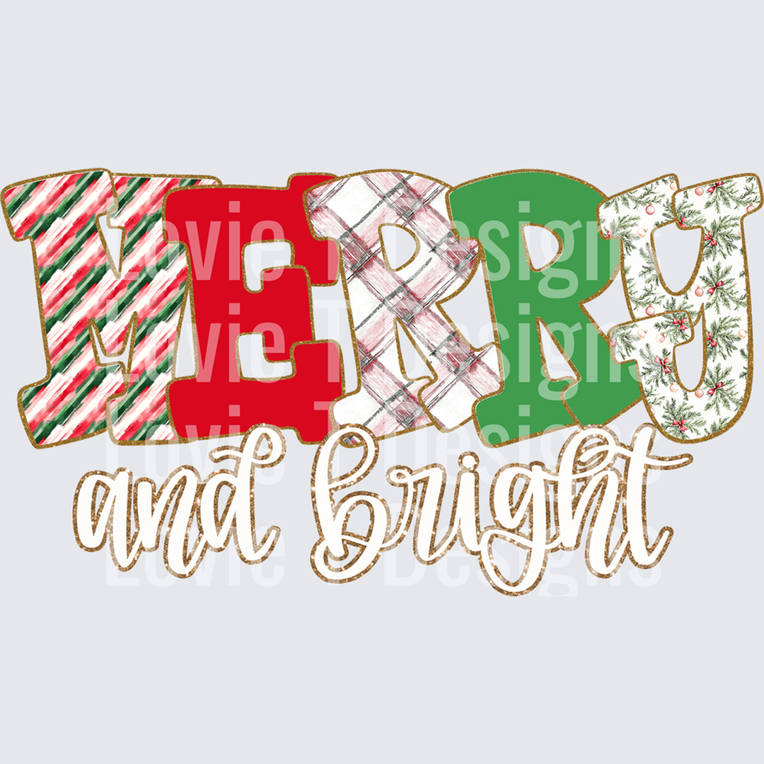 Merry and Bright Christmas Patterns with Glitter – DTF Transfer