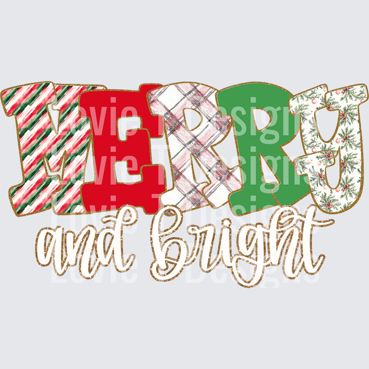 Merry and Bright Christmas Patterns with Glitter – DTF Transfer
