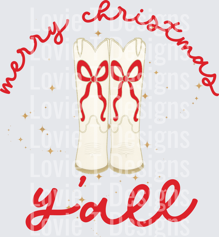 Merry Christmas Y'all cowgirl boots DTF transfer design