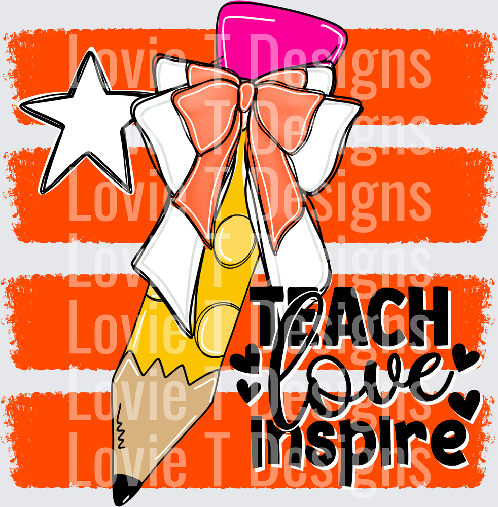 Teach Love Inspire Pencil Bow Star Orange Stripe Teacher