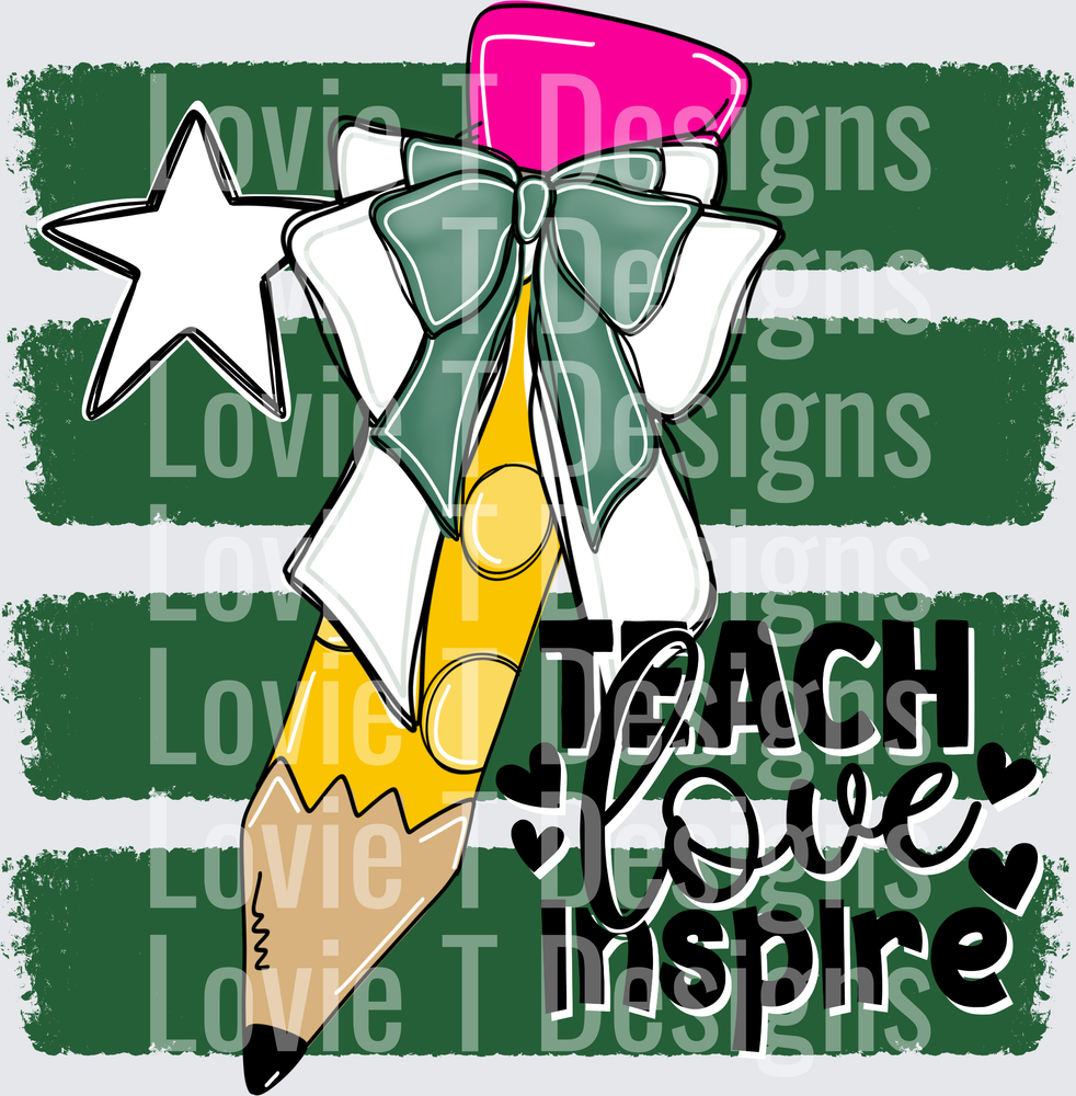 Teach Love Inspire Pencil Bow Green Stripe Teacher