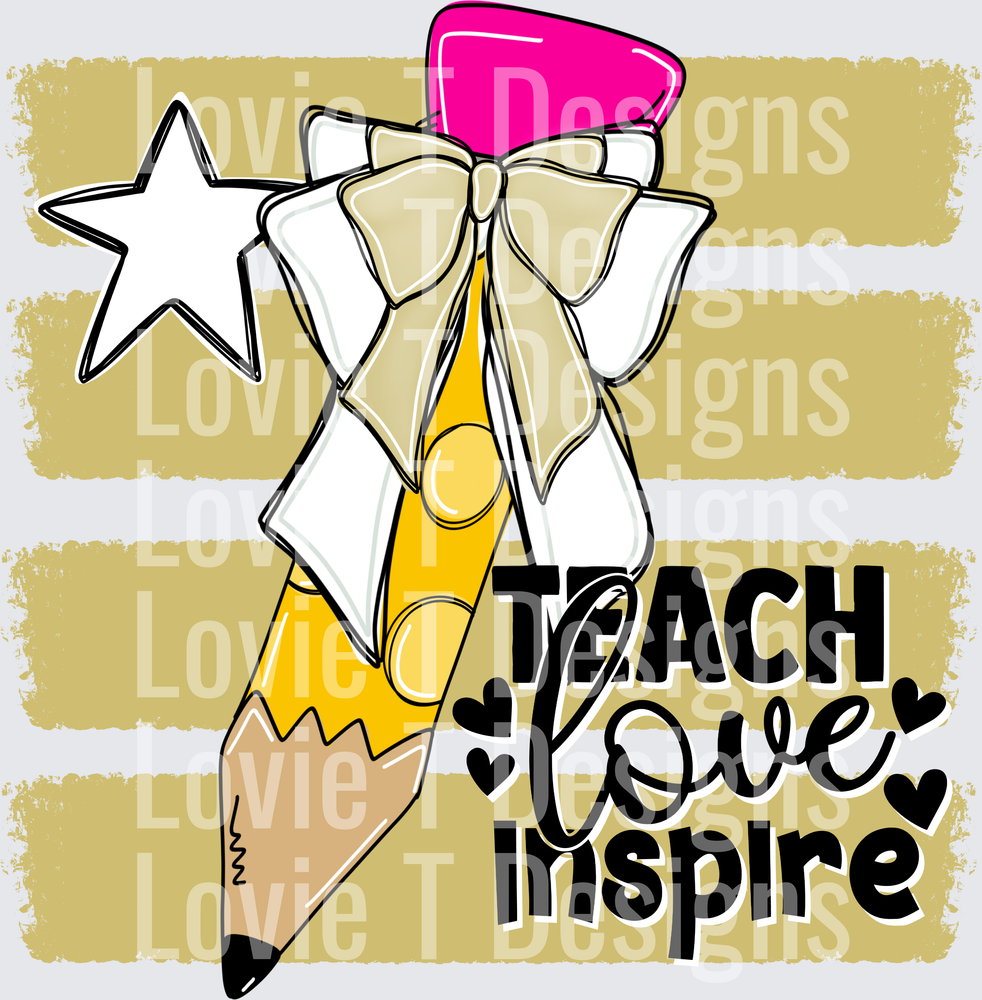 Teach Love Inspire Pencil With Bow And Star Teacher Design Gold Stripes