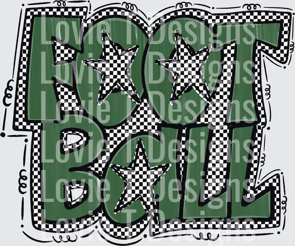 Preppy Star Football Green Checkered Bold Graffiti Block Letter Football Word Art with Stars