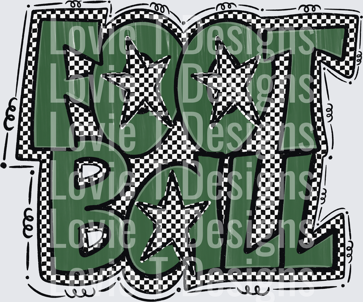 Preppy Star Football Green Checkered Bold Graffiti Block Letter Football Word Art With Stars football DTF transfer design